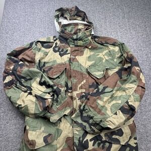 US Army Jacket Mens XL Long Woodland Camo Cold Weather Field Coat 80s Vtg Liner